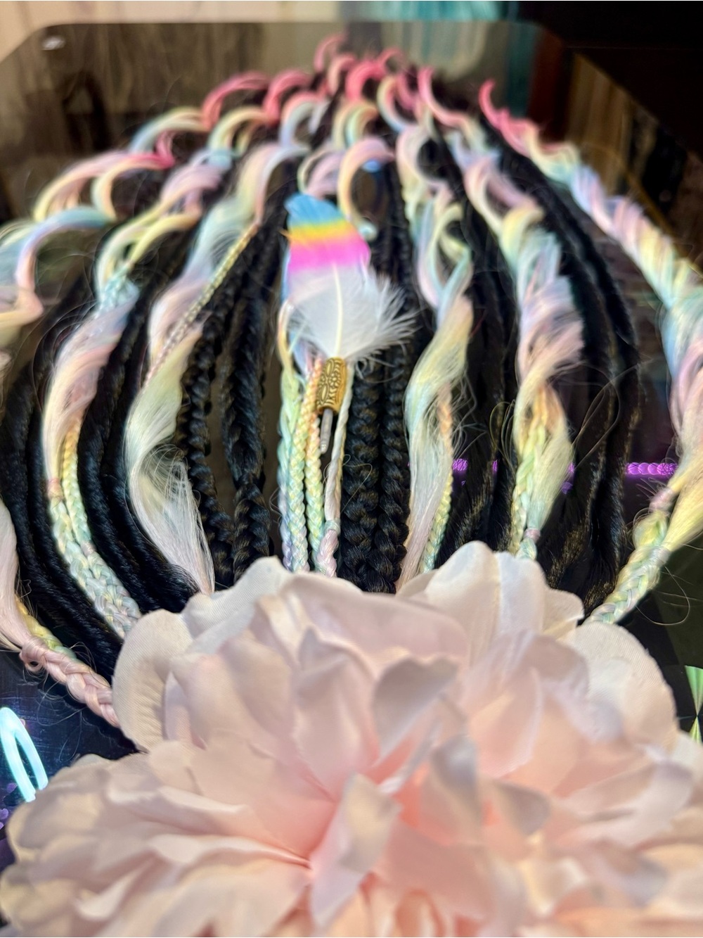 Colorful Pastel&Blk Hair Braids with Feather & Bead Accent